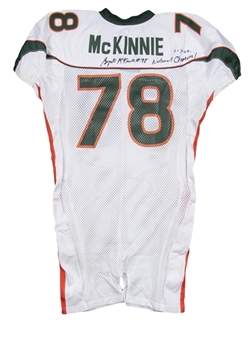 2001-02 Bryant McKinnie Rose Bowl Game Used & Signed Miami Hurricanes Road Jersey Photo Matched To 10/13/2001 (Beckett)